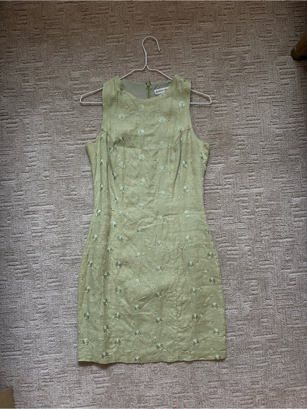 Vintage Embroidered Linen Green Dress Karen Warren